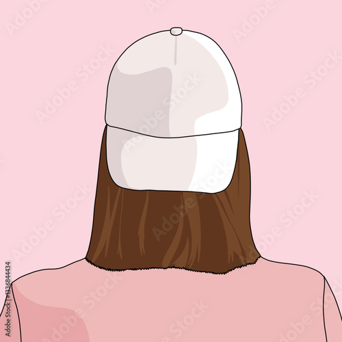 Minimalist Illustration of a Stylized Woman Facing Back with a Blank Baseball Cap. Isolated Vector Mockup for Merchandising with Pink Background