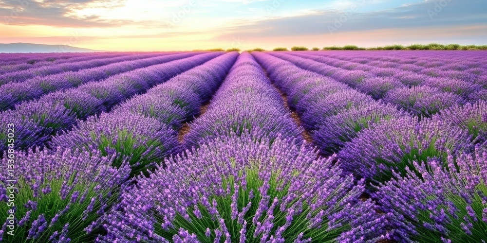Obraz premium Imagine a vast and beautiful field filled with blooming lavender flowers, all set against the stunning backdrop of a vibrant sunset in the sky