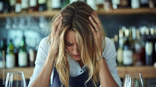 A stressed woman with long hair holds her head in a restaurant setting