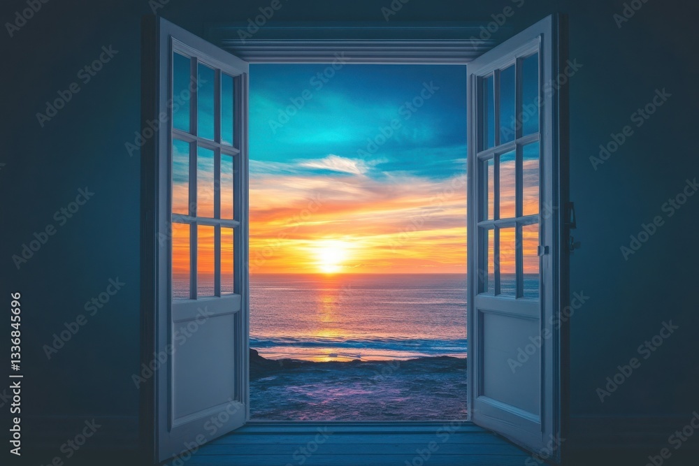 Fototapeta premium Open door frames ocean sunset view with colorful sky and reflection on water surface at dusk time