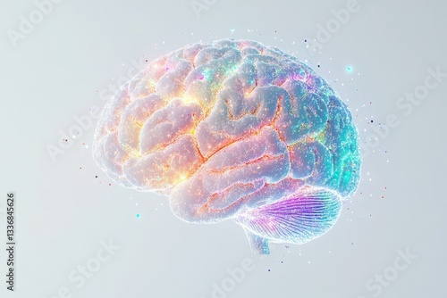 A digital illustration of a human brain with colorful sparkles on a white background art concept