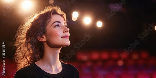 A Young Woman Gazing Upward with Hopeful Expression Under Stage Lights
