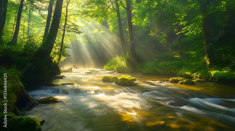 Fototapeta premium Serene river meanders through a lush forest, bathed in golden sunlight and soothing water sounds.