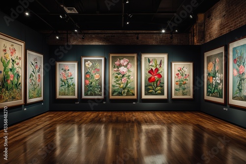 Flower Painting Art Gallery with Polished Wood Floor and Modern Lighting