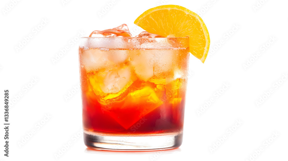 A glass of red wine with ice and a slice of orange on top. The drink is a cocktail and the orange slice adds a pop of color and a hint of sweetness. The glass is sitting on a white background A glass of red wine with ice and a slice of orange on top. The drink is a cocktail and the orange slice adds a pop of color and a hint of sweetness. The glass is sitting on a white background