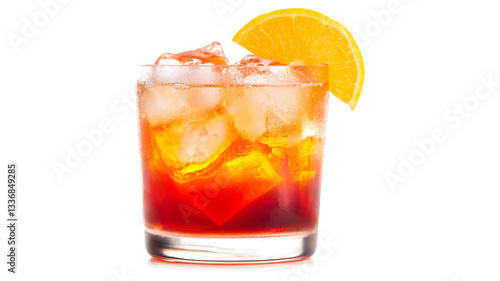 Wallpaper Mural A glass of red wine with ice and a slice of orange on top. The drink is a cocktail and the orange slice adds a pop of color and a hint of sweetness. The glass is sitting on a white background Torontodigital.ca
