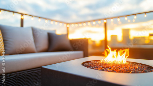 Cozy outdoor patio featuring modern furniture and fire pit, illuminated by string lights at sunset, creating warm and inviting atmosphere