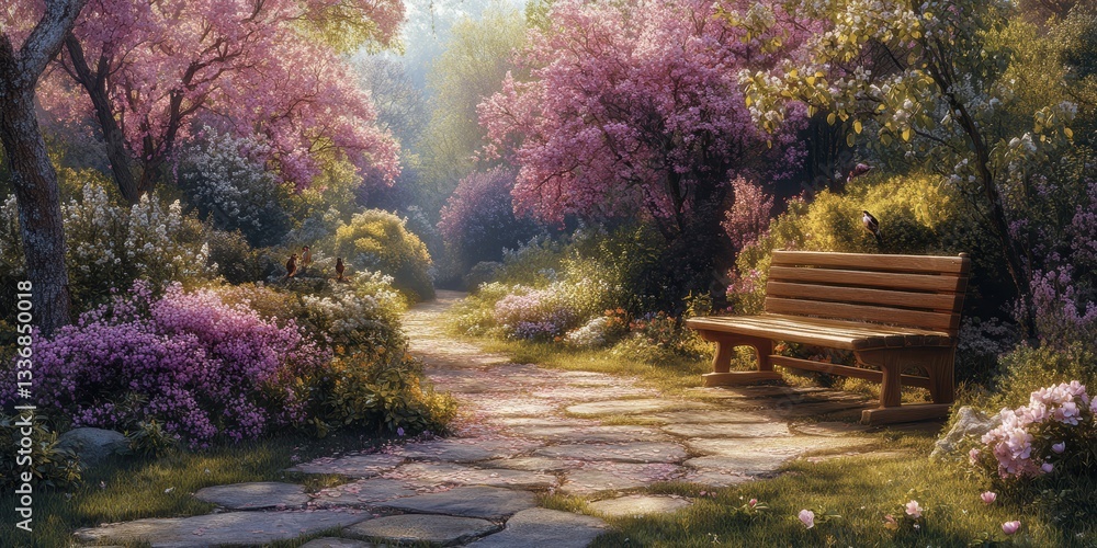 Naklejka premium Park Bench in a Garden Path During Springtime with Flowering Trees