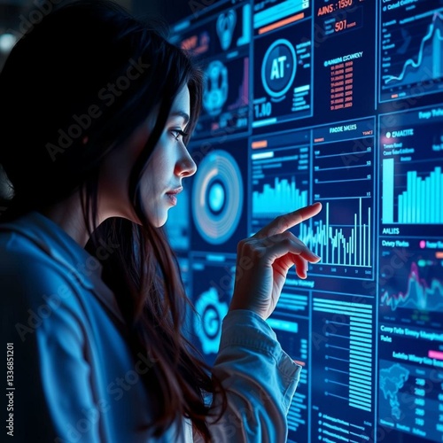 Woman reviewing complex data generated by an AI system on a large touchscreen.