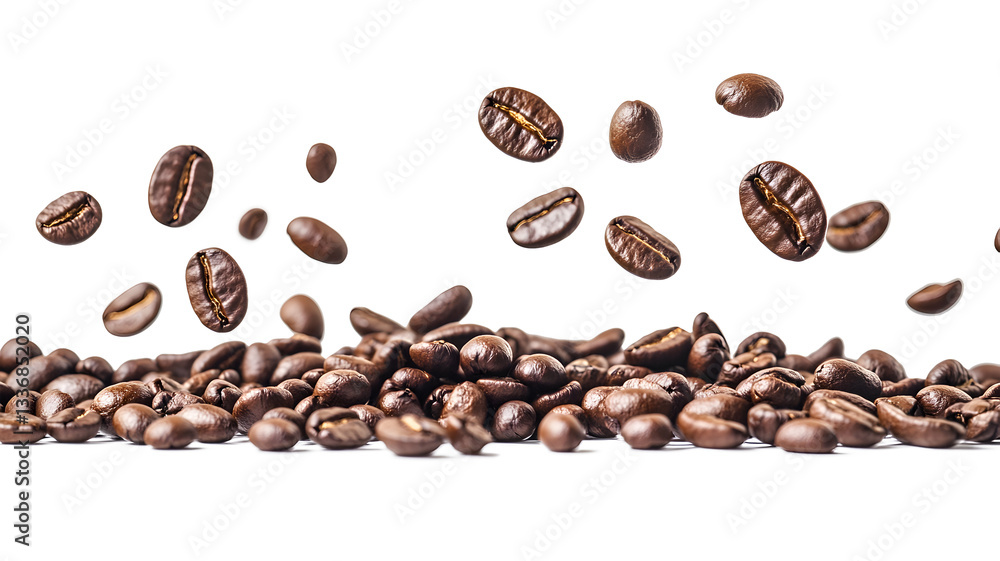 Obraz premium A bunch of coffee beans are scattered across a white background. The beans are in various sizes and shapes, and they appear to be flying through the air. Concept of movement and energy