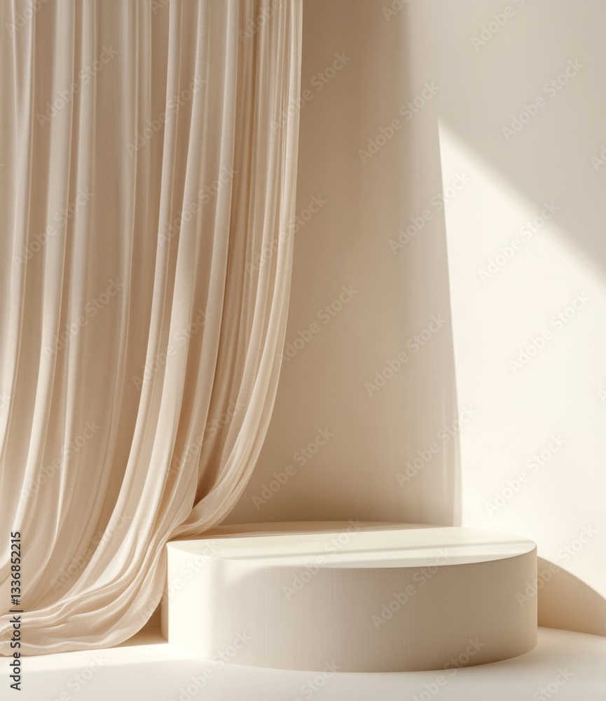 Elegant, neutral backdrop with draped fabric and round pedestal Elegant, neutral backdrop with draped fabric and round pedestal