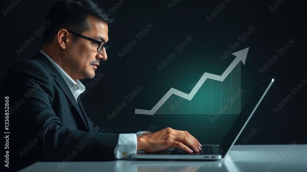 Businessman Working on Laptop with Graph Showing Growth Progression Businessman Working on Laptop with Graph Showing Growth Progression