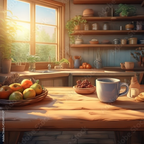 Wallpaper Mural painting of a lived-in kitchen with warm natural lighting, rustic wooden table Torontodigital.ca