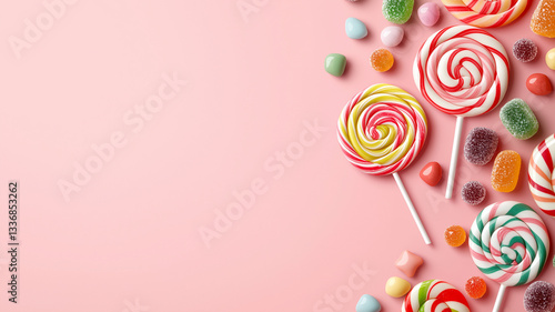 Colorful candies and lollipops arranged on pastel pink background create delightful and cheerful scene. Perfect for sweet treats and festive occasions
