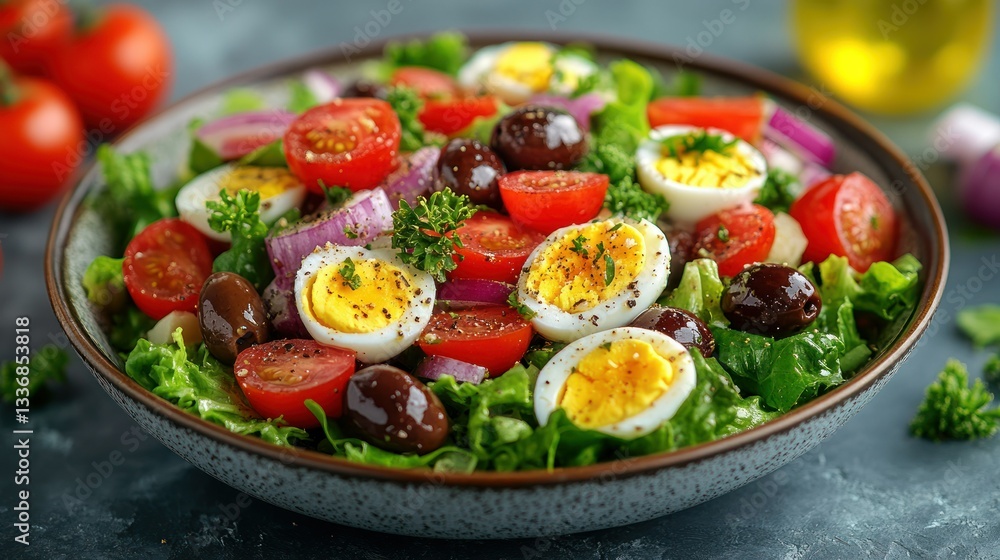 Colorful salad with eggs, vegetables, and olives. Fresh and healthy mix of greens, cherry tomatoes, red onion, hard-boiled eggs, and Kalamata olives. A nutritious and flavorful dish Colorful salad with eggs, vegetables, and olives. Fresh and healthy mix of greens, cherry tomatoes, red onion, hard-boiled eggs, and Kalamata olives. A nutritious and flavorful dish