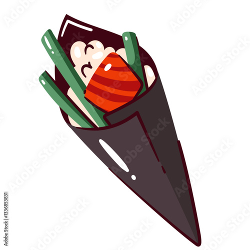 Salmon Temaki sushi roll. Japanese sushi bag with nori seaweed roll of cone shape, pieces of salmon or tuna fish and cucumber, rice. Asian food mascot, cartoon vector illustration