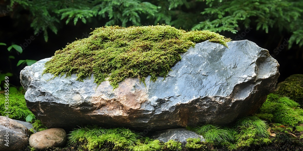 Mossy rock in lush garden setting