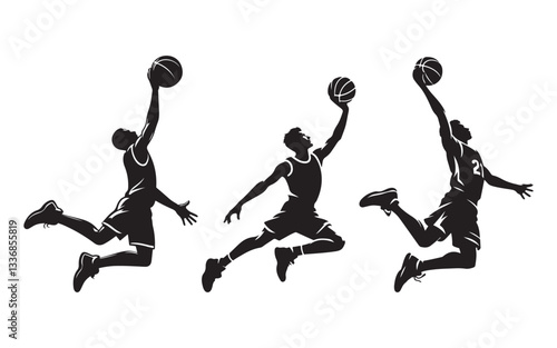 Basketball player silhouettes performing slam dunks vector illustration