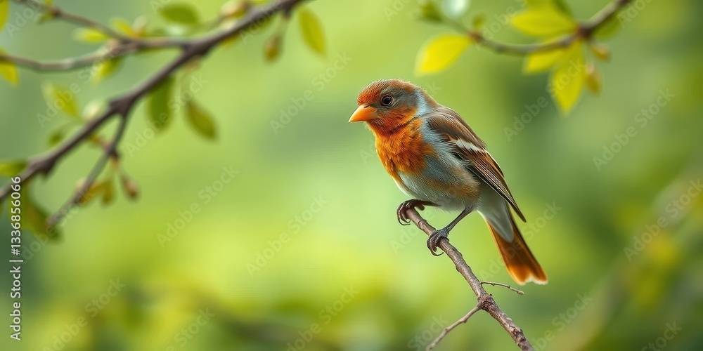 A vibrant small bird perched delicately on a slender branch, surrounded by a soft, verdant backdrop of spring leaves A vibrant small bird perched delicately on a slender branch, surrounded by a soft, verdant backdrop of spring leaves