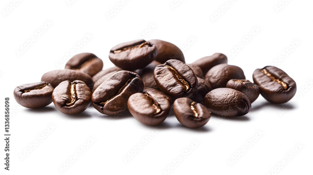 Fototapeta premium A pile of coffee beans on a white background. The beans are of different sizes and shapes, and they are spread out in a random pattern. Concept of abundance and variety
