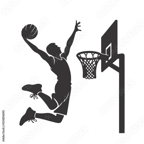 Basketball player performing slam dunks silhouette vector illustration