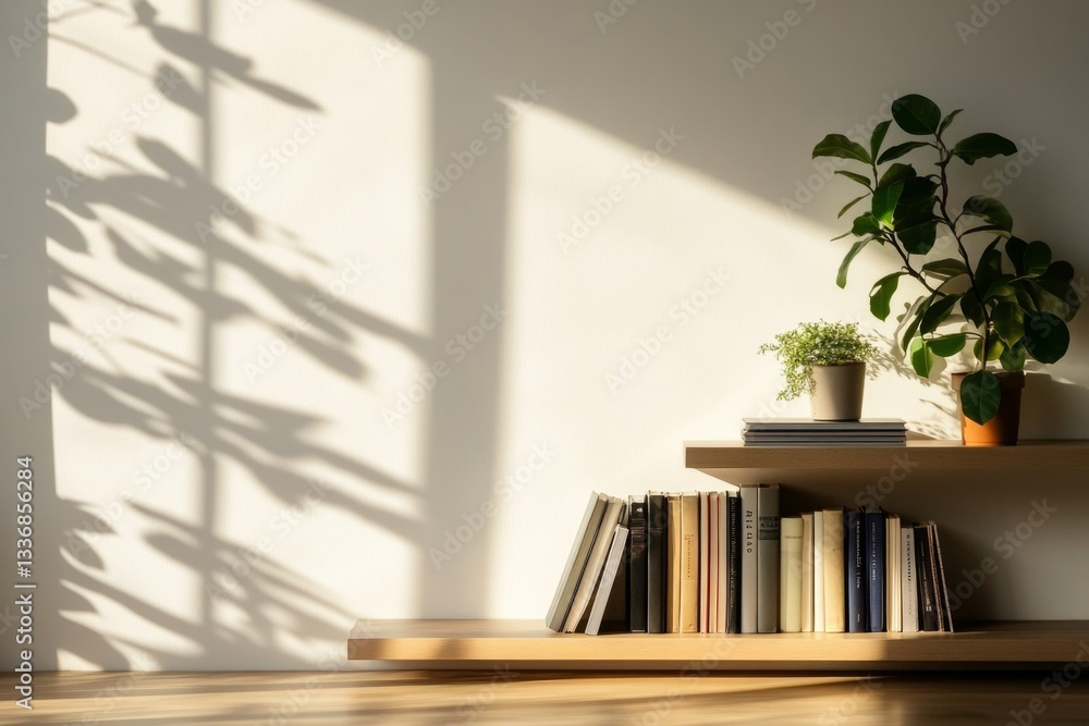Sunlight streams through a window, casting shadows on a light-colored wall. A wooden shelf holds books and potted plants, adding a touch of nature to the modern minimalist space Sunlight streams through a window, casting shadows on a light-colored wall. A wooden shelf holds books and potted plants, adding a touch of nature to the modern minimalist space