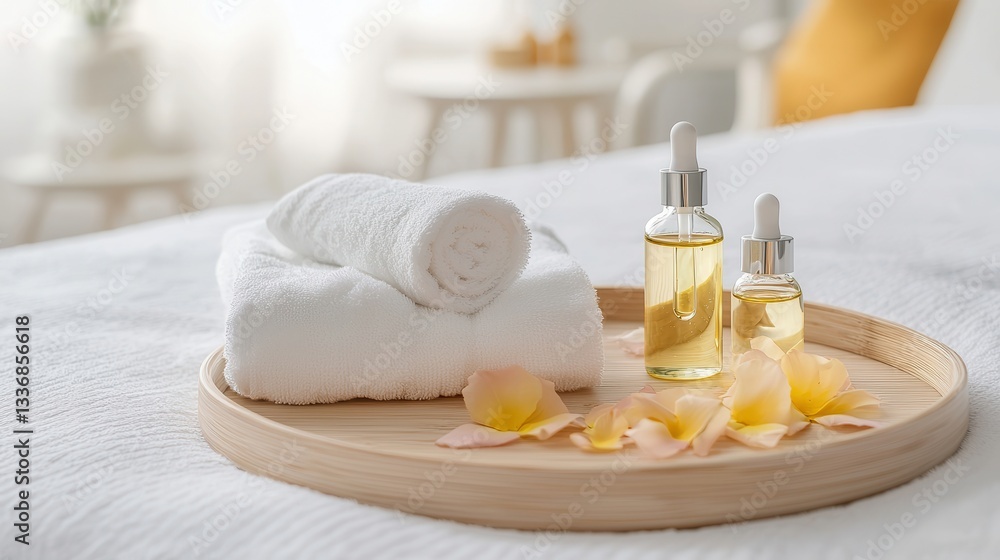 Spa Day Aromatic Oils Soft Towels and Flower Petals on a Tray Spa Day Aromatic Oils Soft Towels and Flower Petals on a Tray
