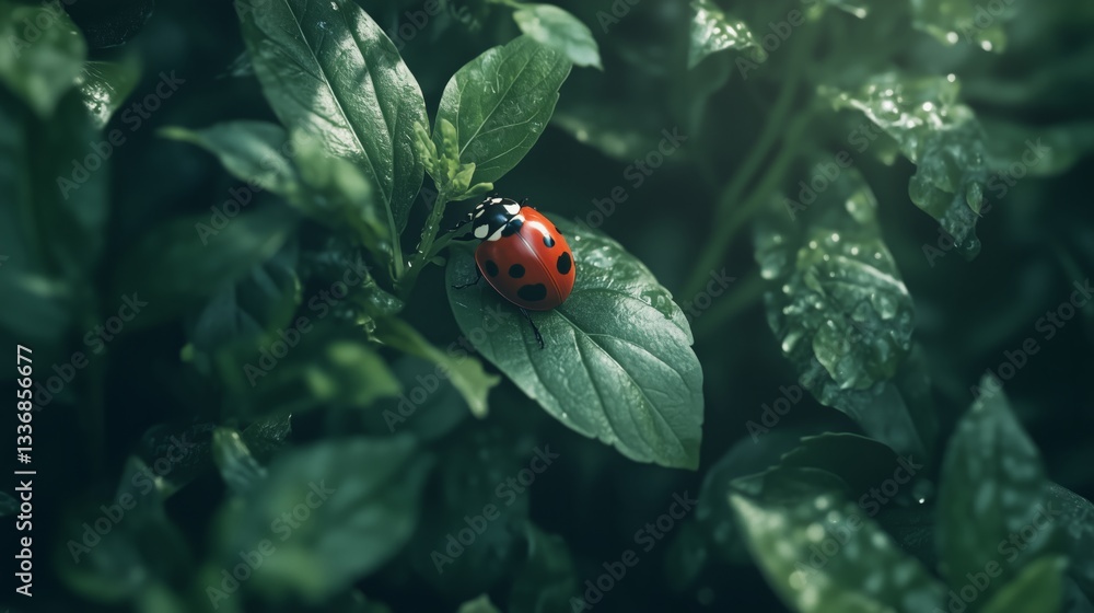 Obraz premium Ladybug on leaf close-up nature lush environment macro view insect