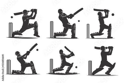 Set of a cricket batsman silhouette vector illustration