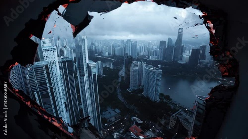 Dark and moody urban skyline viewed through broken glass, showcasing tall buildings against stormy clouds and reflections on water, perfect for dramatic visuals.