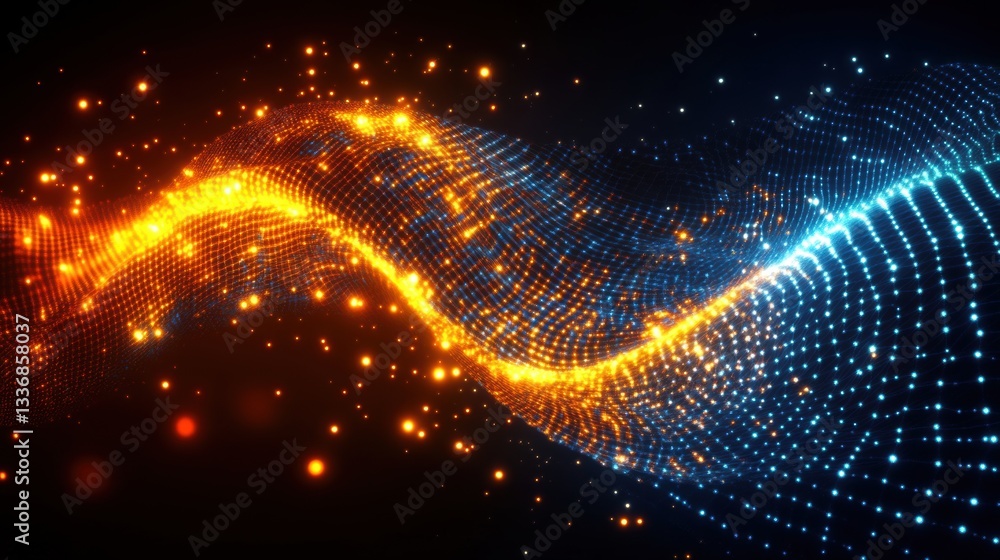 Abstract Glowing Wave of Blue and Orange Particles on Dark Background Abstract Glowing Wave of Blue and Orange Particles on Dark Background