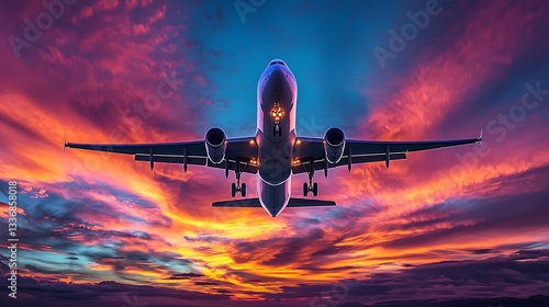 Jet plane taking off at sunset. Dramatic sky filled with vibrant colors