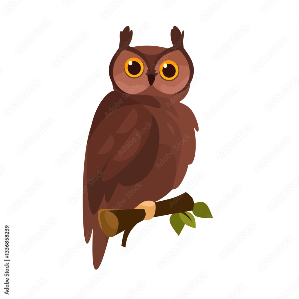 Obraz premium Charming cartoon owl perched on a branch. Cute owl character illustration for children's illustrations, nature-themed design, logo. Cartoon vector owl icon isolated on white background