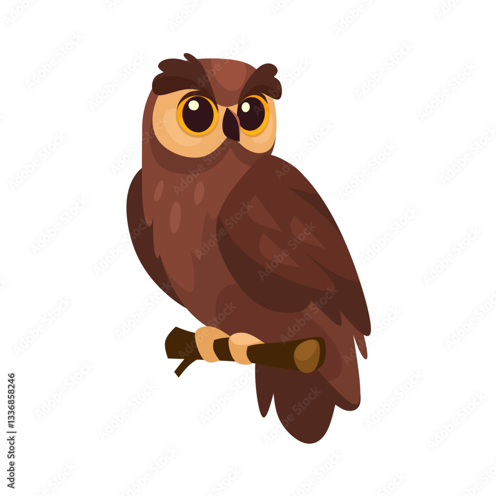 Fototapeta premium Charming cartoon owl perched on a branch. Cute owl character illustration for children's illustrations, nature-themed design, logo. Cartoon vector owl icon isolated on white background