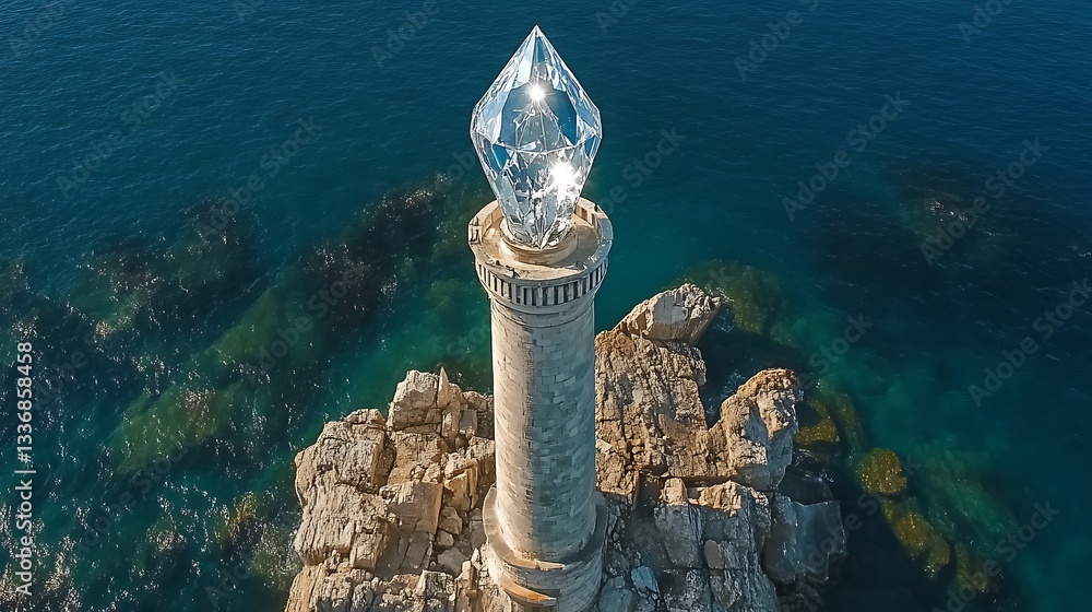 Crystal lighthouse, coastal rocks, ocean view