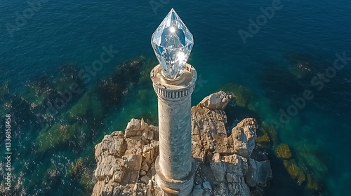 Crystal lighthouse, coastal rocks, ocean view