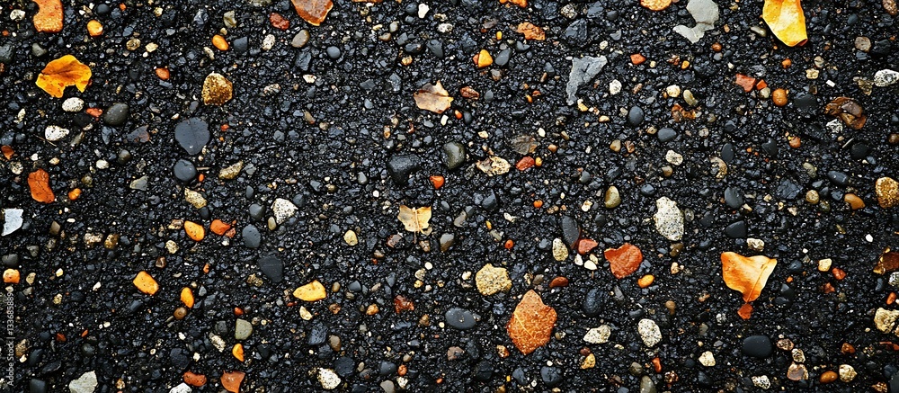Dark pebbles, orange accents, wet texture