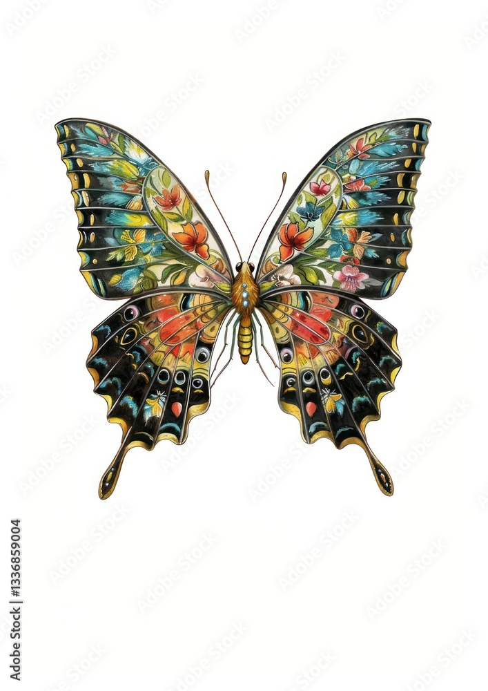 Fototapeta premium Colorful floral butterfly illustration