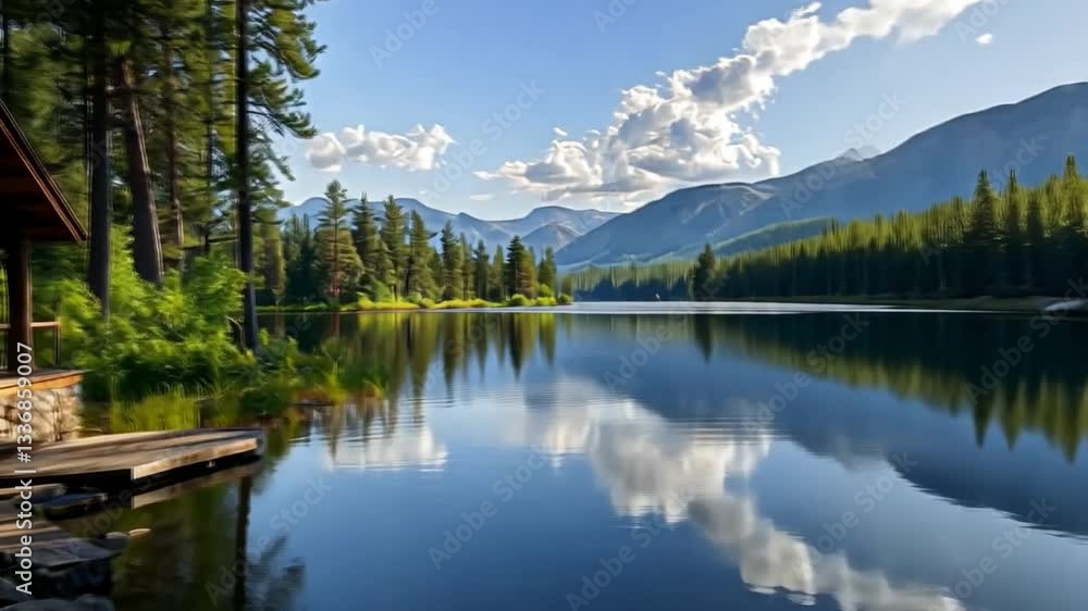 Tranquil log cabin by serene lake surrounded by lush trees and vibrant green mountains under a clear blue sky with fluffy white clouds Tranquil log cabin by serene lake surrounded by lush trees and vibrant green mountains under a clear blue sky with fluffy white clouds
