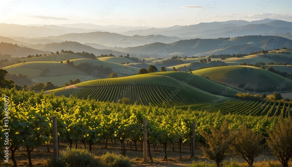 Fototapeta premium Vineyard Hills at Sunset with Rolling Landscape