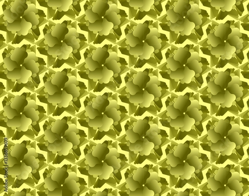 A repeating, abstract pattern featuring floral or leaf-like shapes in a yellowish-green color. The tightly packed lobes create depth and texture, enhancing its organic aesthetic