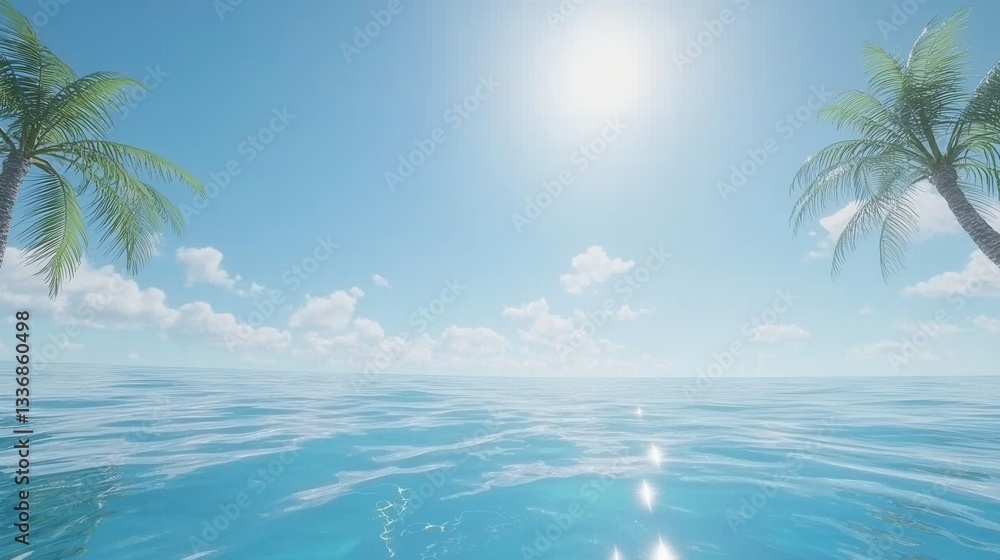 Fototapeta premium Tranquil Ocean Scene with Palm Trees Under Sunny Sky
