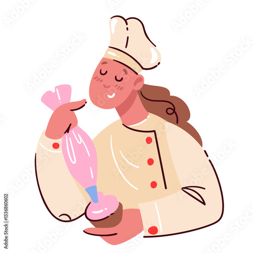 Happy cartoon female confectioner making cupcake. Funny woman in chefs hat holding bag of pink cream to squeeze and decorate cupcake. Confectionery mascot, cartoon cooking process vector illustration
