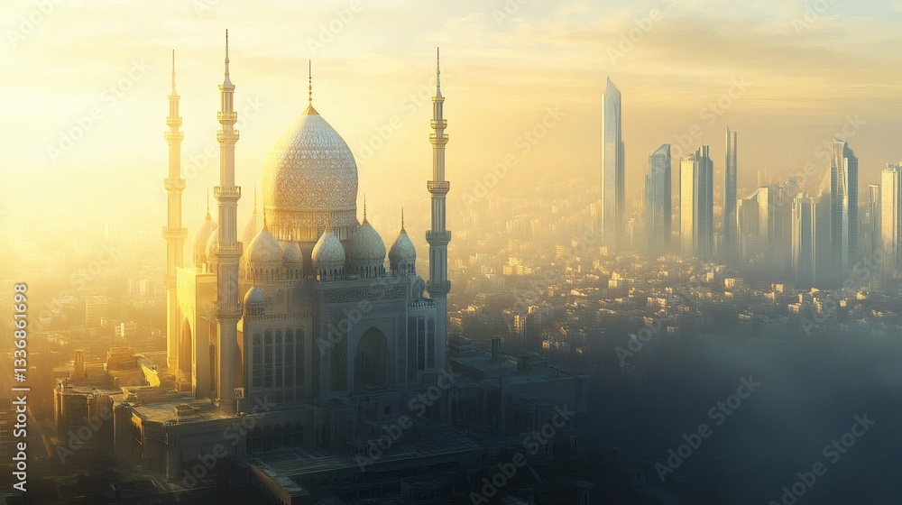 Fototapeta premium A grand mosque overlooks a futuristic city skyline at sunrise