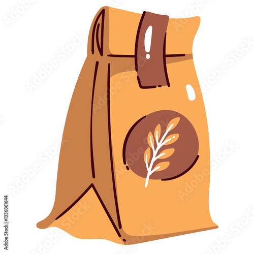 Paper brown bag with wheat flour. Craft pack full of organic cereal flour for bread or cake recipe. Food ingredient of bakery mascot, sack with ear on label cartoon vector illustration