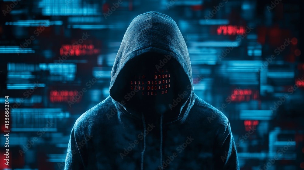 Anonymous figure in hoodie with obscured face amid digital binary backdrop at night Anonymous figure in hoodie with obscured face amid digital binary backdrop at night