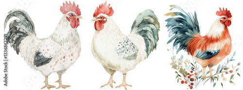Farm rooster chicken cock hen cute clipart watercolour drawing pastel tones illustration with springtime plants and flowers isolated on transparent background