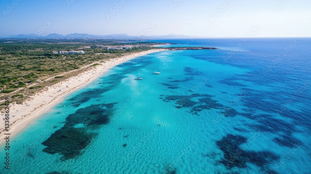 Breathtaking Aerial Perspective of Ses Illetes Beaches on Formentera Island - Stunning Turquoise Waters Framing a Sandy Strip in the Heart of the Balearic Islands Breathtaking Aerial Perspective of Ses Illetes Beaches on Formentera Island - Stunning Turquoise Waters Framing a Sandy Strip in the Heart of the Balearic Islands