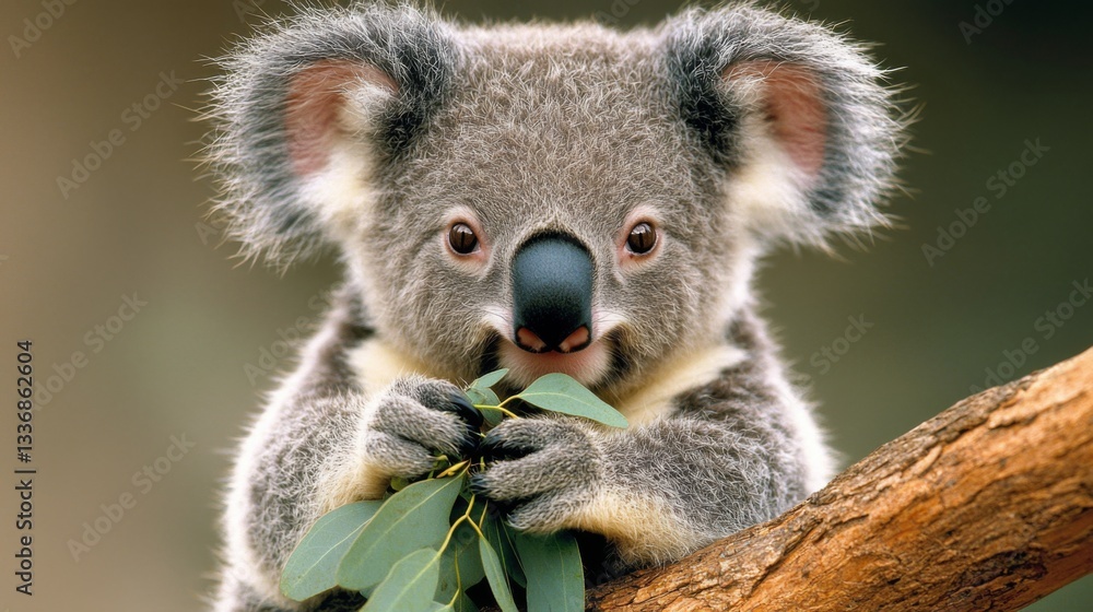 Fototapeta premium A cute koala holding eucalyptus leaves while perched on a branch