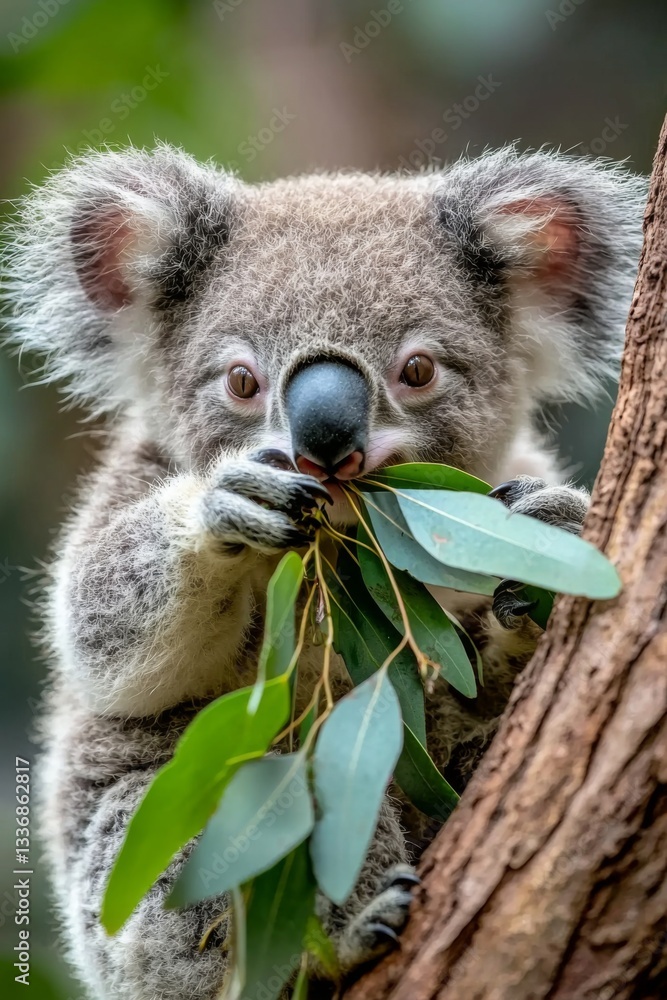 Fototapeta premium A cute koala munching on eucalyptus leaves while perched on a tree